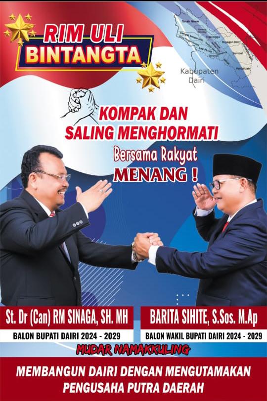 "SANG PANTANG MENYERAH Mendaftar Lewat Jalur Perseorangan/Independen" St.DR(Can)RM Sinaga SH.MH &Barita Sihite,S.Sos.M.AP Siap Maju Calon Bupati/Wakil Bupati Dairi 2024-2029